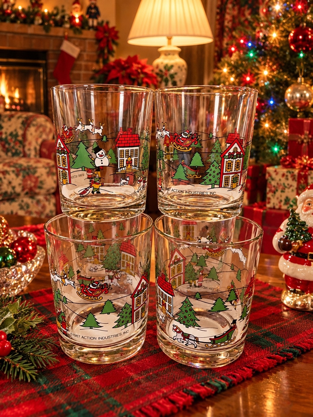 Vintage 1987 Holiday Village Glass Tumbler Set Of 6 Perfect Condition